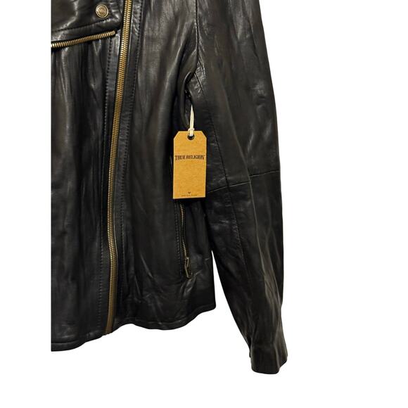 True Religion Black Genuine Lambskin Leather Double Zip Moto Jacket Rare Medium - Picture 4 of 13